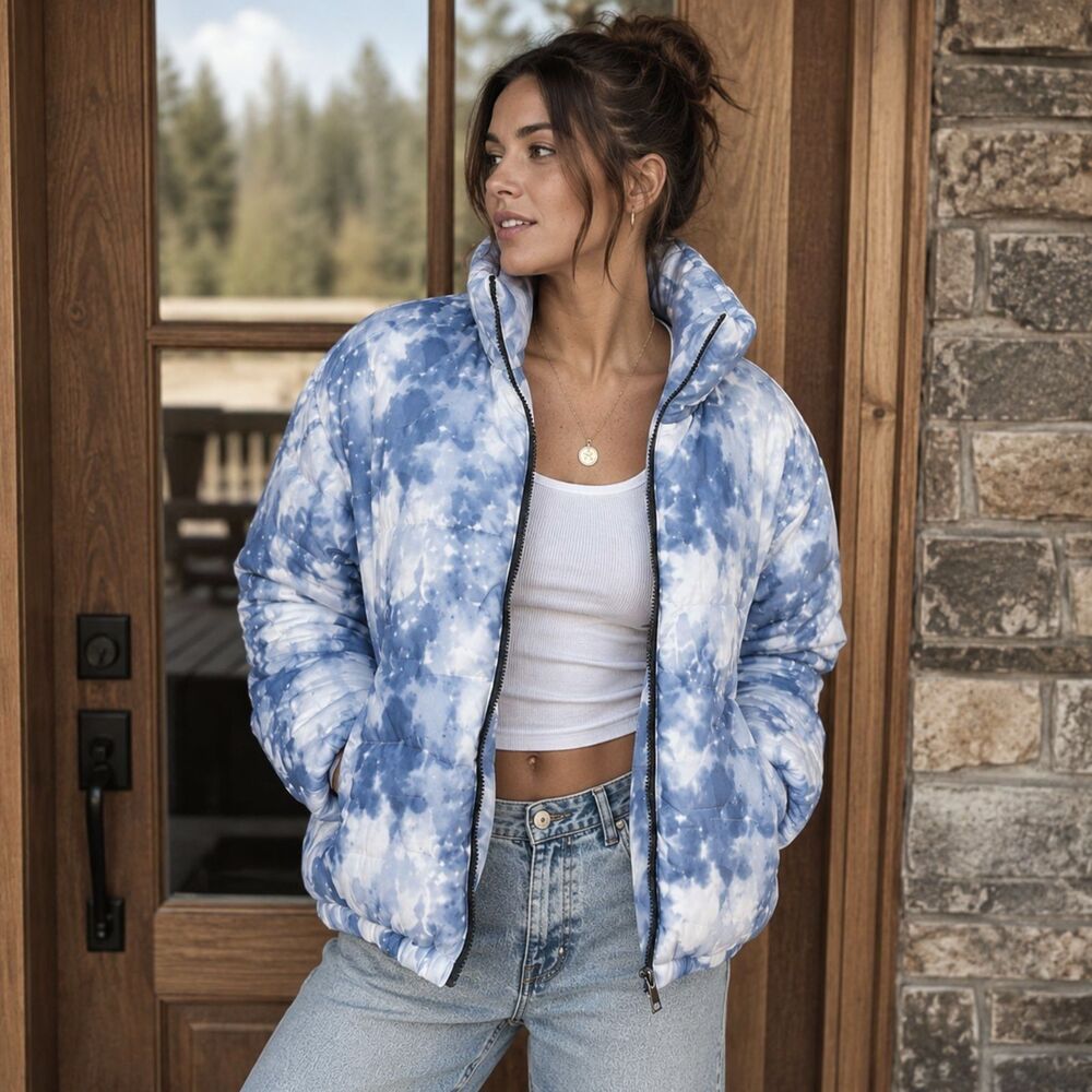 Tie Dye Puffer Jacket Cloud Print Size Large Wild Fable